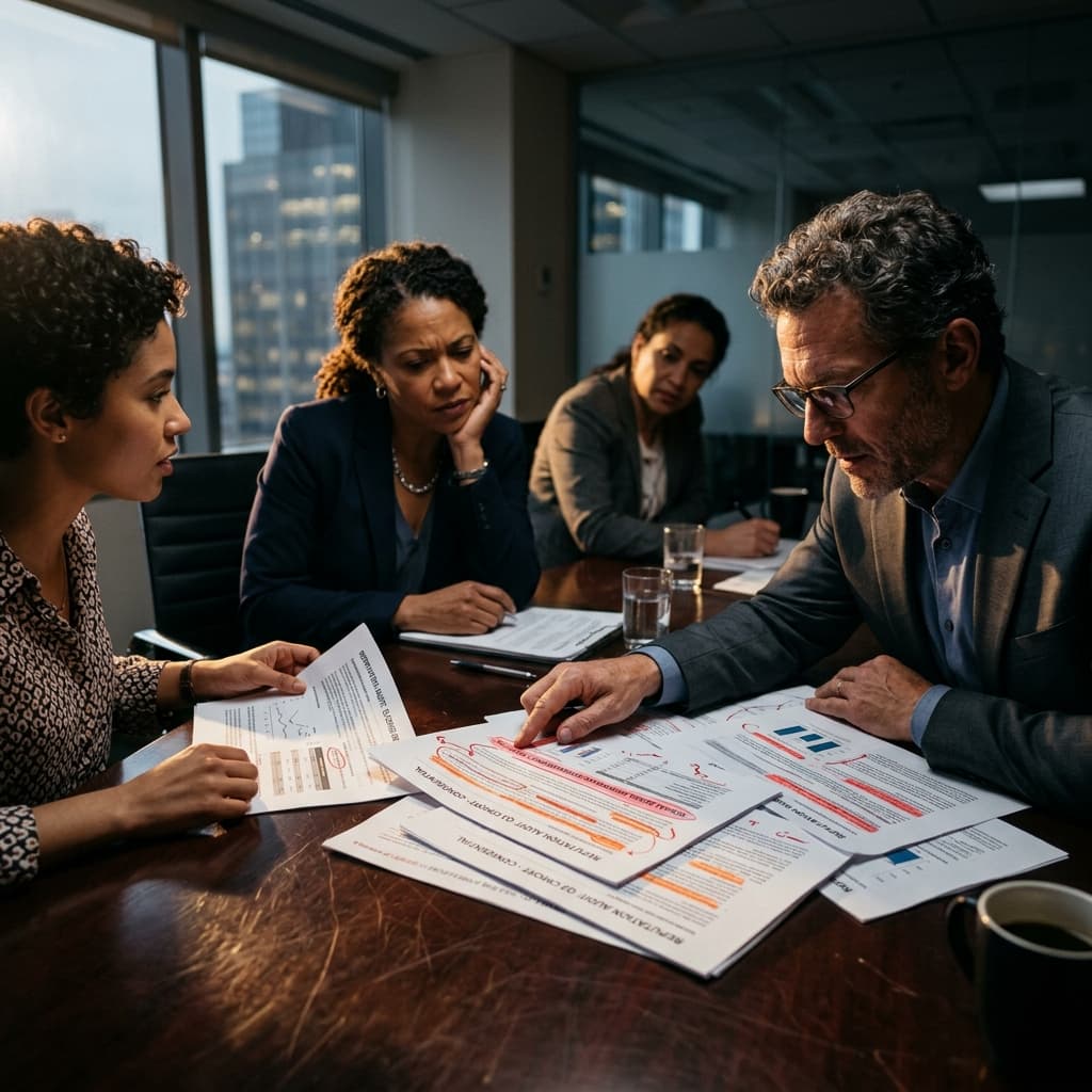 The Forensic Crisis Assessment Professional crisis management team reviewing reputation audit reports with red warning highlights in a dark boardroom