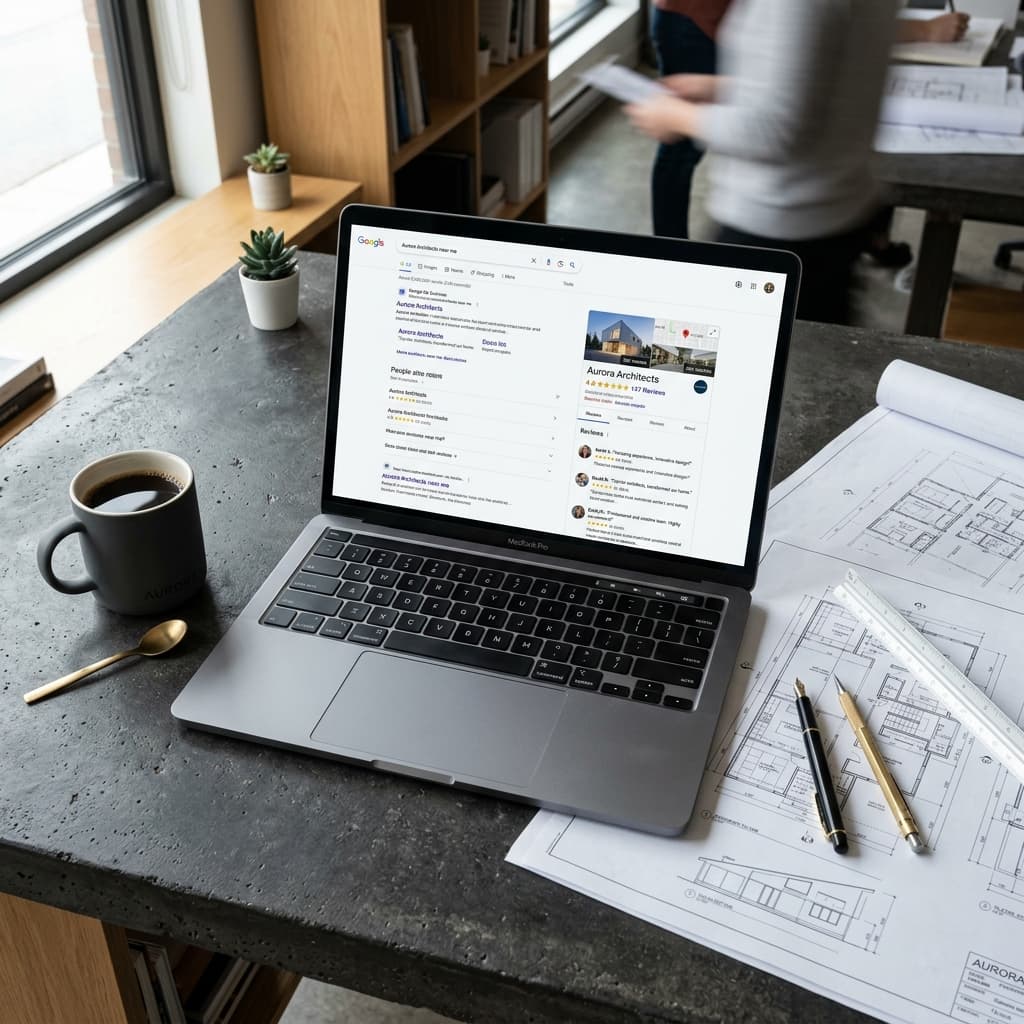 The Recovered Profile Laptop on a dark concrete desk showing a Google Business Profile with a 4.8 star rating surrounded by architectural blueprints