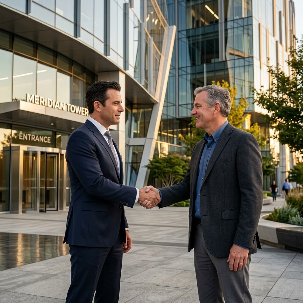 The Reputation Restored Serious executive shaking hands with a satisfied client in front of a newly completed modern commercial building