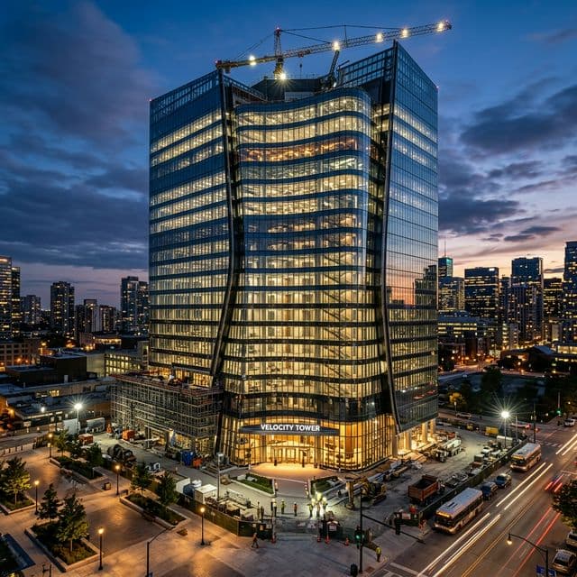The Pinnacle of Unified Execution A massive commercial glass building in the final stages of completion at dusk