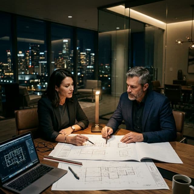 Eradicating Friction Before It Exists Two high-end professionals critically reviewing plans