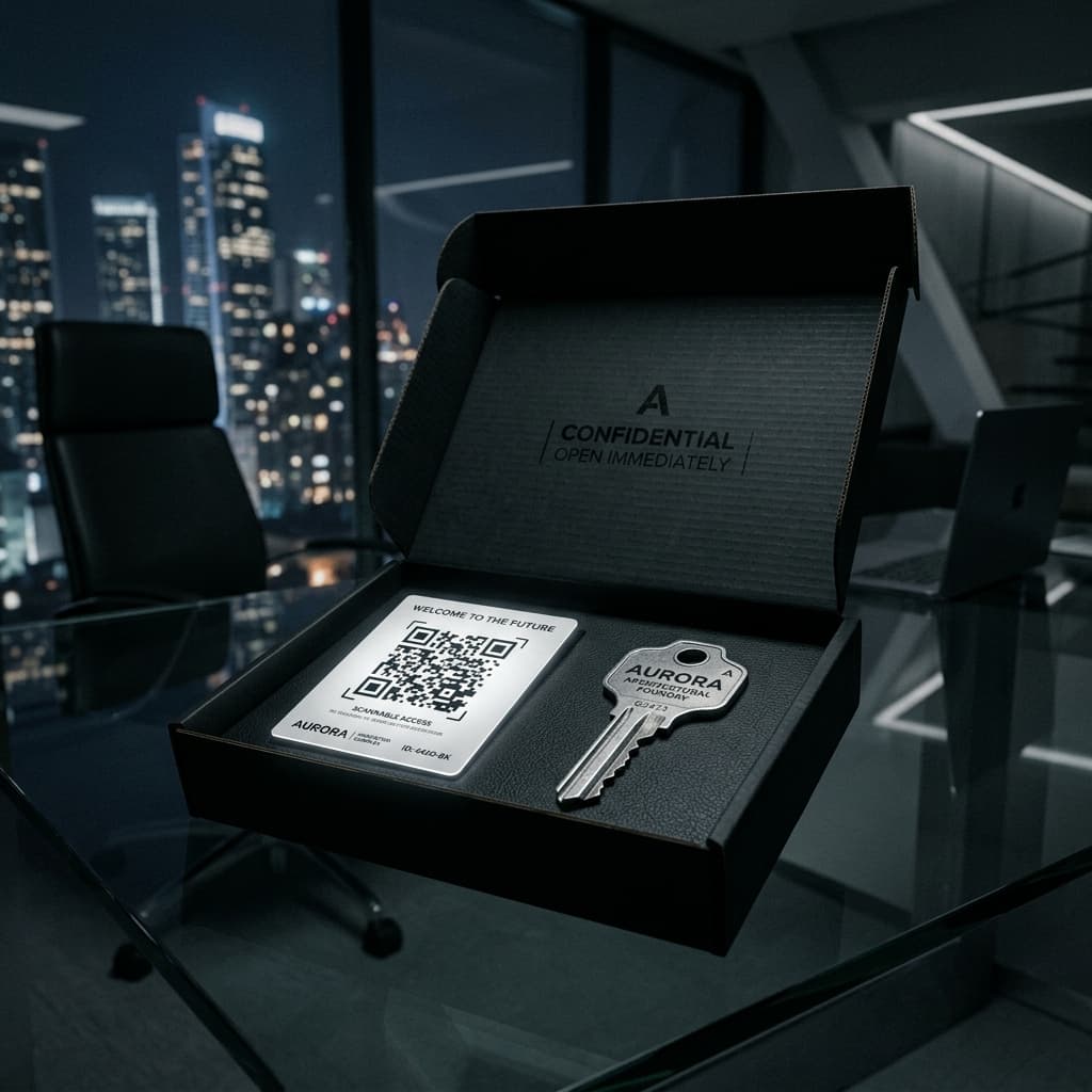 The Physical-to-Digital Bridge A stark, cinematic dark-mode perspective of a heavy, matte-black corrugated corporate mailing box resting on a modern glass executive desk, revealing a silver metal architectural key and QR code.