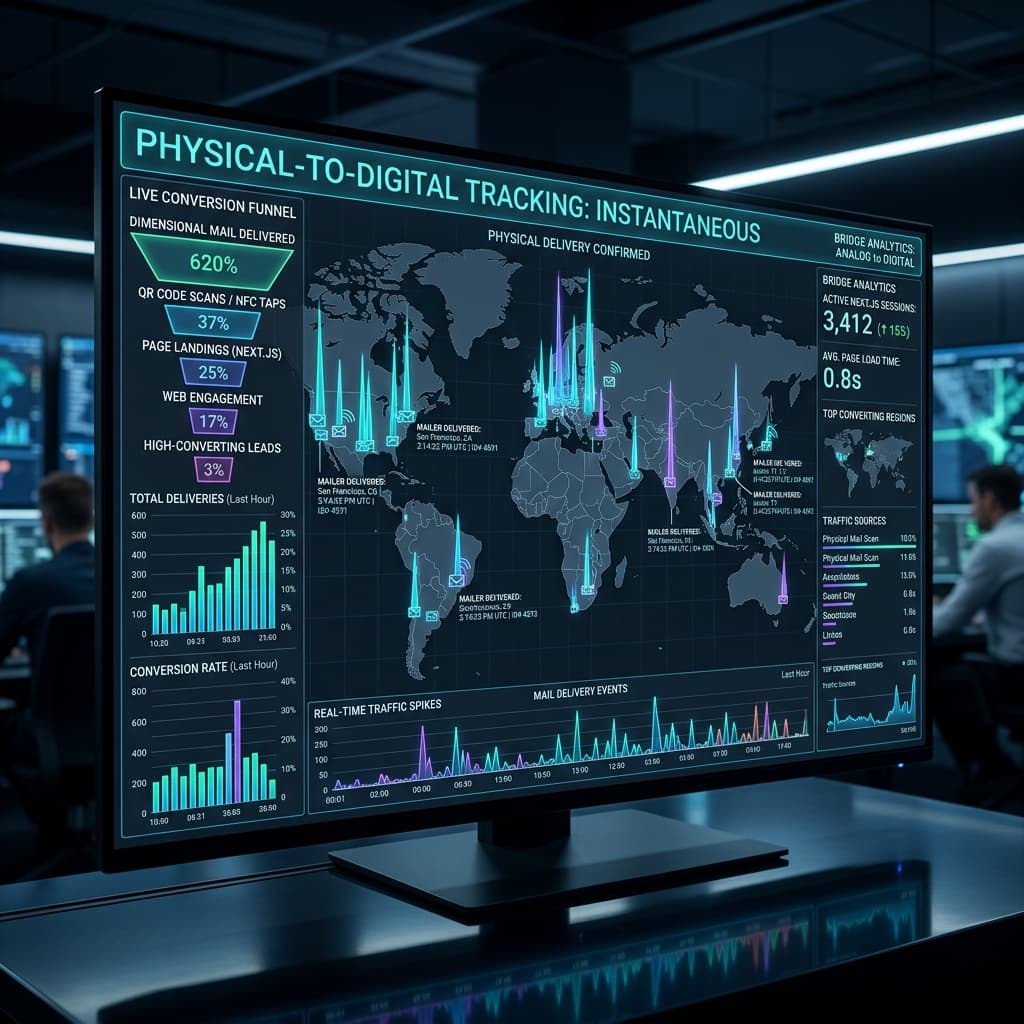 The Omnipresent Analytics Dashboard A glowing dark-theme digital analytics dashboard displaying instantaneous physical-to-digital tracking and real-time geographic data spikes.