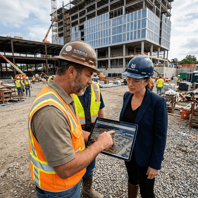 Utilizing drone analytics in B2B marketing to build unquestionable authority with commercial developers Contractor presenting weekly drone site photography progress reports to commercial developer on iPad