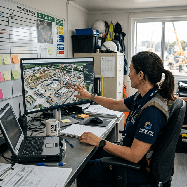 Analyzing high-density point clouds and continuous aerial site data via drone photogrammetry Construction project manager analyzing drone mapping data and 3D orthomosaic models in site trailer