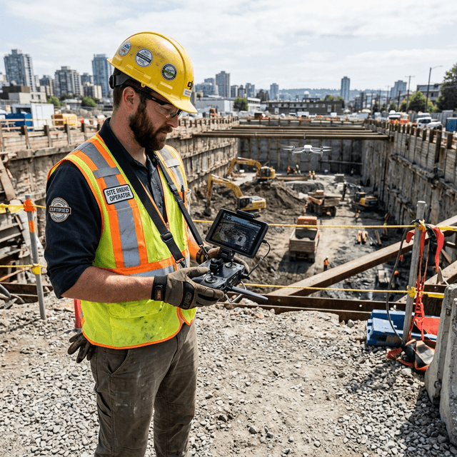Mitigating job site risk by deploying FAA Part 107 drone operators for hazardous inspections Certified drone operator conducting safe aerial site inspection at large excavation project