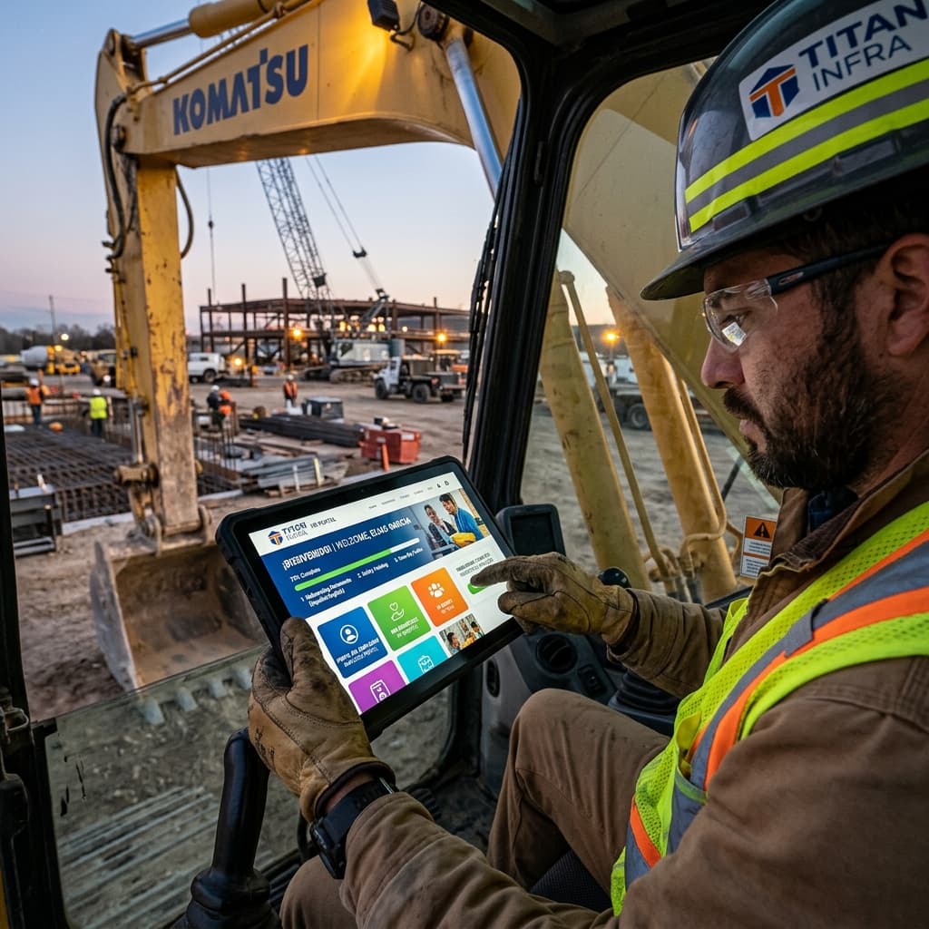 Frictionless Technical Acquisition High-tech corporate HR portal displayed on a premium tablet operated by heavy machinery operator