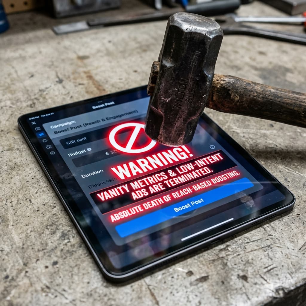 The Absolute Destruction of Vanity Metrics A sleek, heavy metal sledgehammer resting deliberately on a dark iPad. The iPad screen displays a glowing red warning sign overlaying a typical social media boost post button.