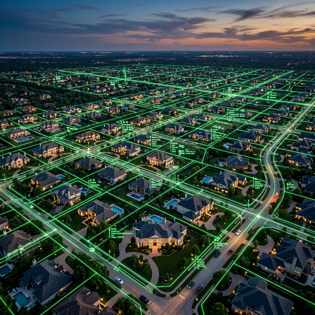 Algorithmic Geographic Sniper Targeting A terrifyingly intricate, glowing green demographic mapping grid overlaid on a sprawling, highly affluent suburban neighborhood at dusk, viewed from a drone perspective.