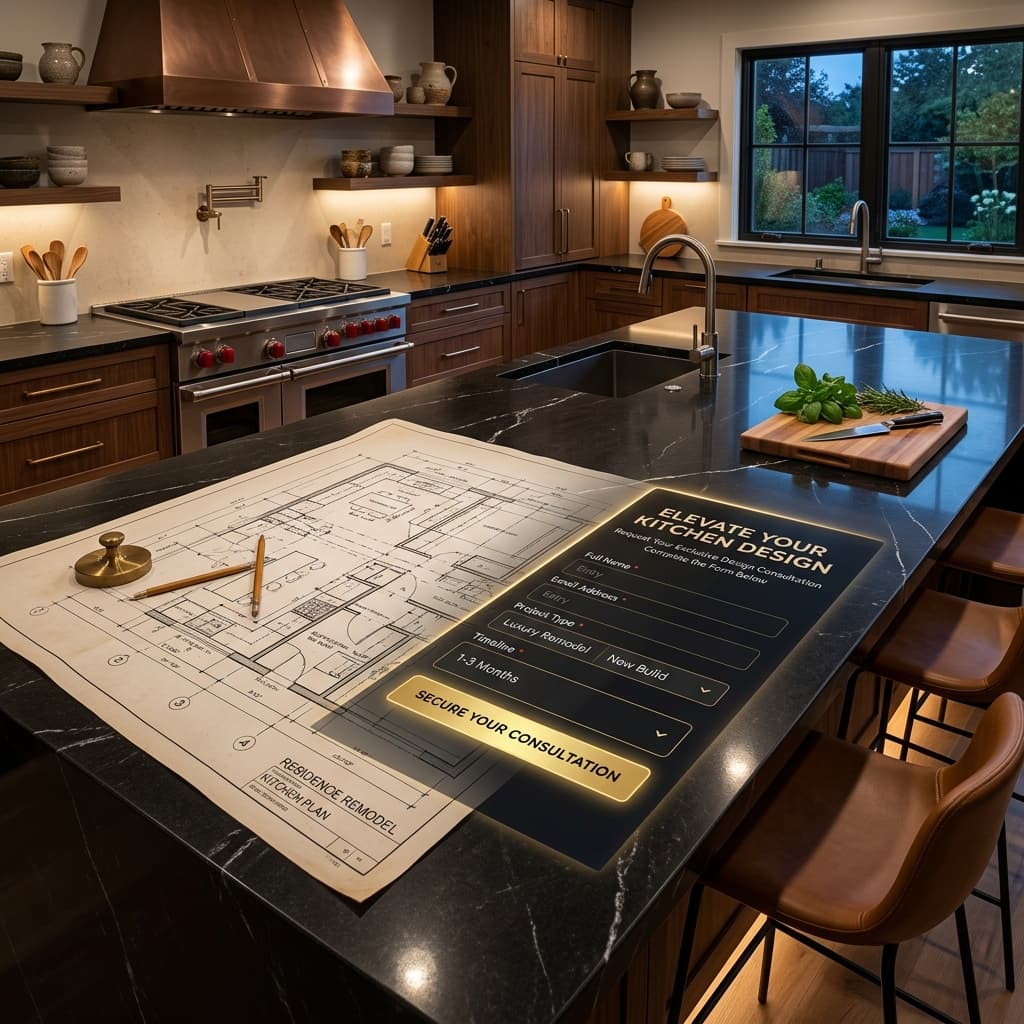 The Digital Vanguard of Remodeling A massive, polished dark granite kitchen island in a high-end luxury remodel where a blueprint seamlessly transitions into a glowing digital lead form.