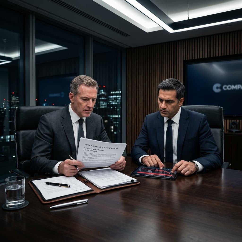 The Aggressive Defensive Posture Elite executives in dark suits seriously reviewing legal cease and desist documents and digital reputation metrics in a sleek boardroom