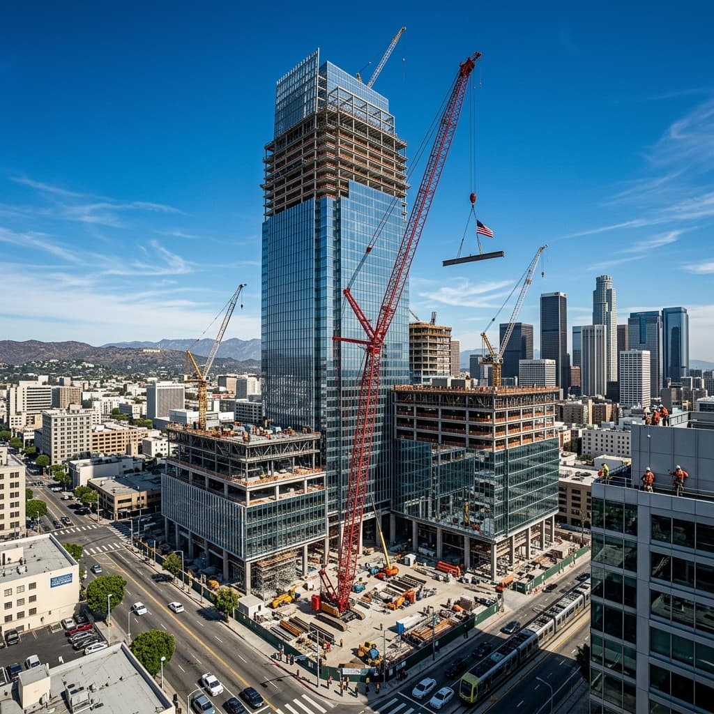 Absolute Reputational Dominance Epic wide shot of a massive modern commercial construction project in LA symbolizing absolute reputational dominance