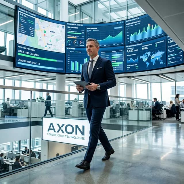The Operational Command of Code & Logistics Highly competent modern construction firm CEO in a sharp suit walking through a sleek corporate office with massive digital screens displaying website analytics