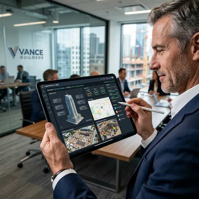 Instant Gratification, Instant Authority Stunning close-up of a premium iPad Pro held in hands displaying a hyper-fast loading B2B construction dashboard with sharp architectural models
