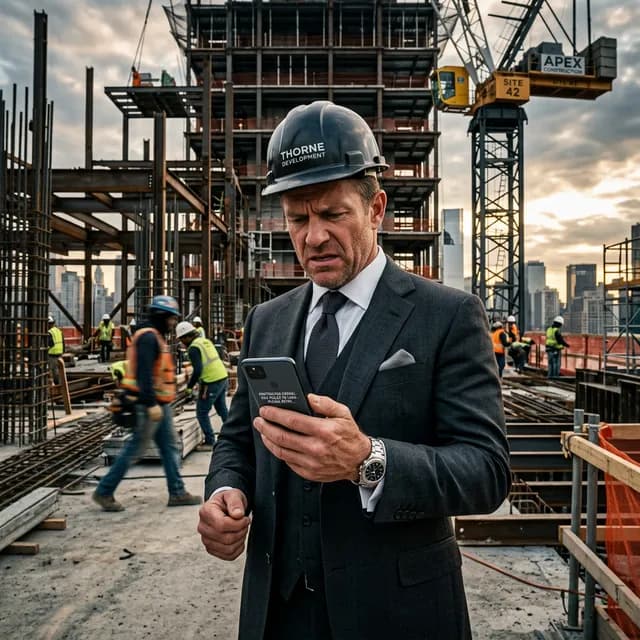 Shattered Trust: The High Cost of Latency Wealthy real estate developer standing on a high-end commercial construction site with a deep expression of frustration staring down at a slow loading contractor website on his smartphone
