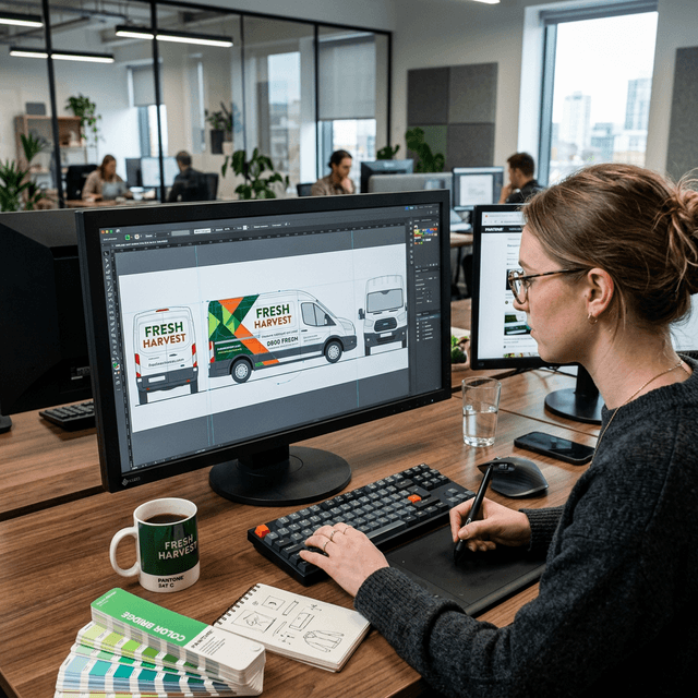 Premium Vector Wrap Design Layout Graphic designer working on a complex vector blueprint for a commercial Ford Transit cargo van wrap overlay