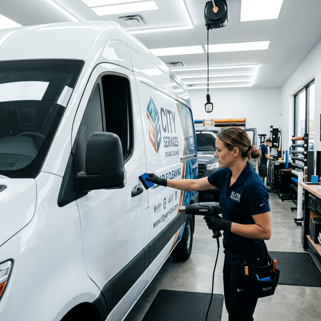 Premium Vinyl Fleet Wrap Installation Professional vinyl wrap installer using a heat gun and squeegee applying graphic decals to a white commercial van