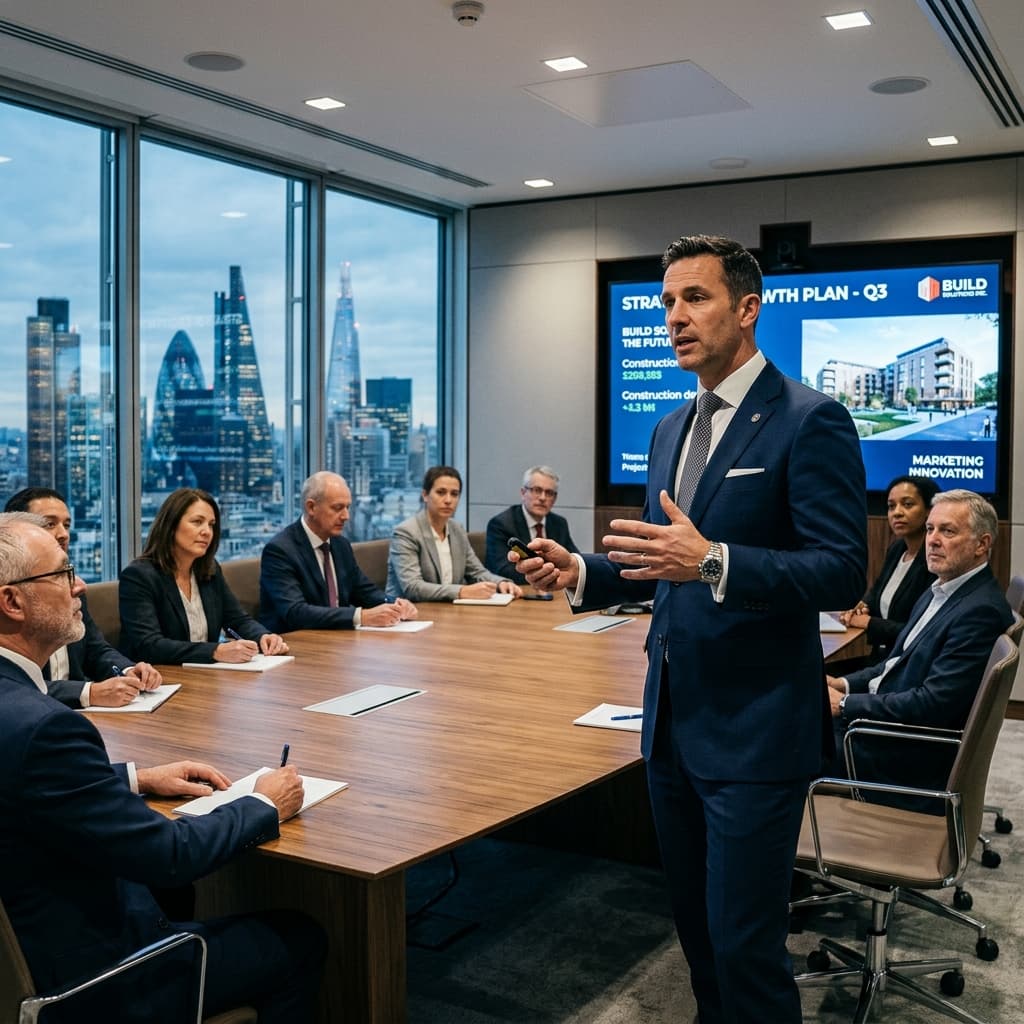 CMO Fraccional Liderando Sesión de Estrategia Ejecutiva Un ejecutivo de marketing seguro y refinado en un traje oscuro a medida dirigiéndose a una junta directiva de una empresa constructora en una sala de conferencias premium.
