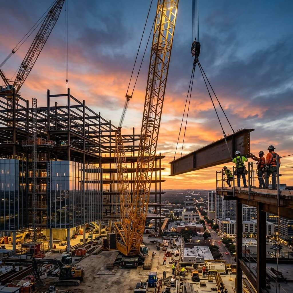 Escalando el Crecimiento Constructivo con Liderazgo Ejecutivo Fraccional Vigas masivas de acero siendo elevadas en un sitio de construcción comercial de lujo al atardecer, simbolizando crecimiento corporativo escalado.