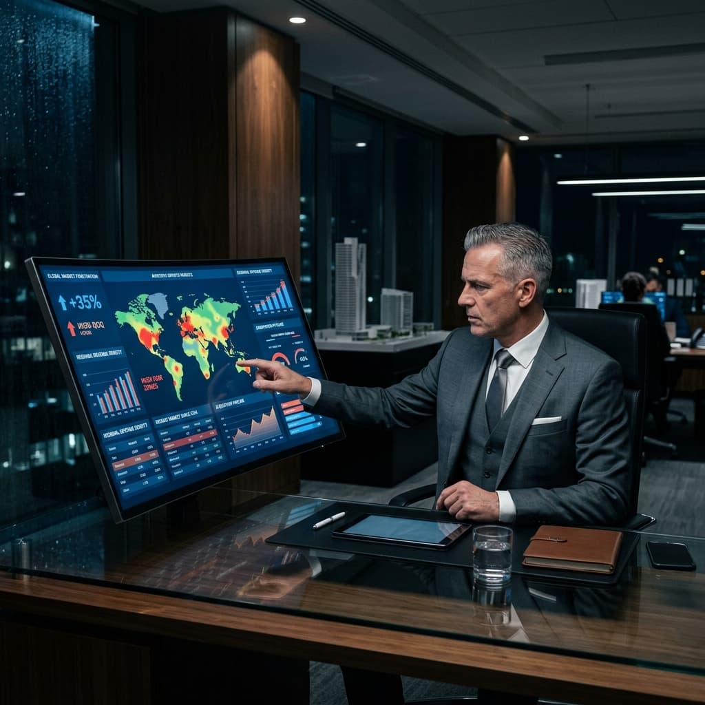 The Executive Evaluation An elite commercial real estate developer sitting at a sleek desk, reviewing an aggressive corporate dashboard on an interactive screen