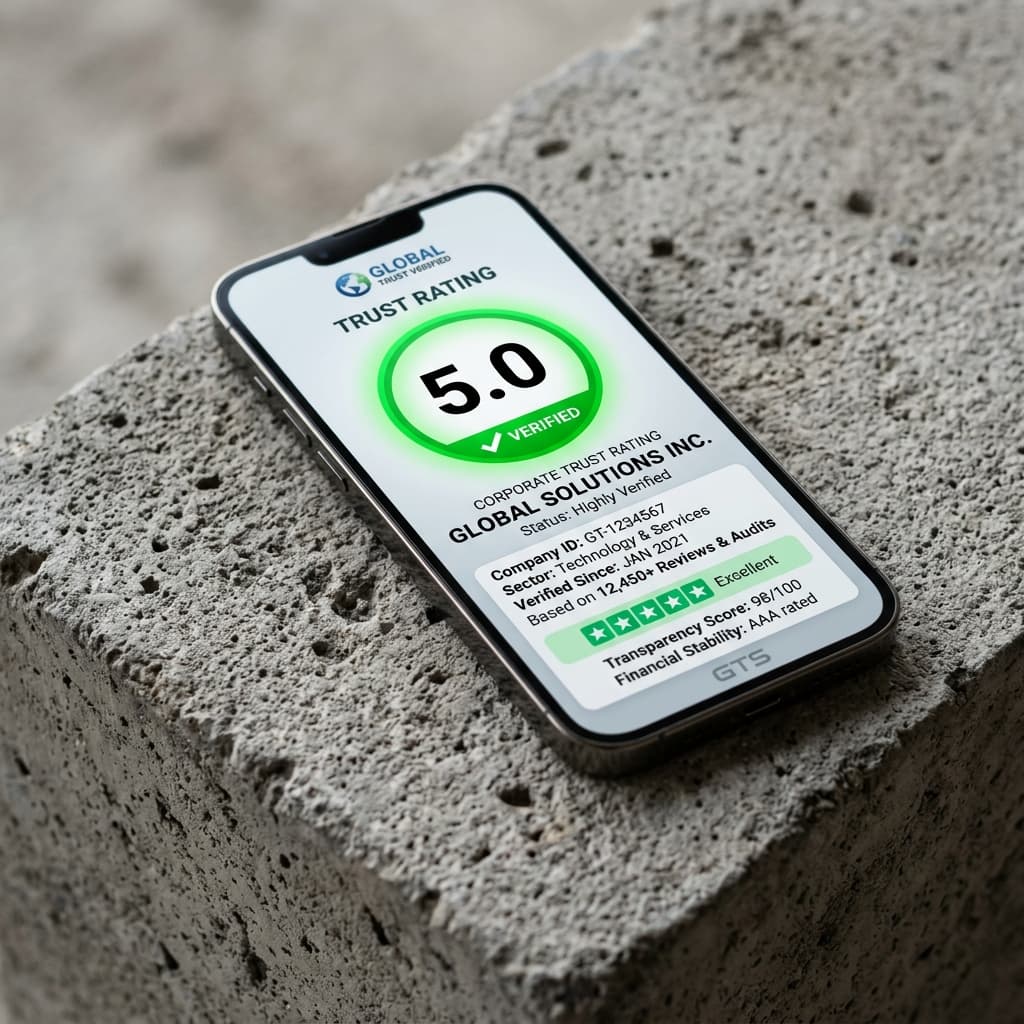 The Algorithmic Tally Close-up of a high-end smartphone on a raw concrete surface displaying a 5.0 Google Business rating with a bright green verified checkmark