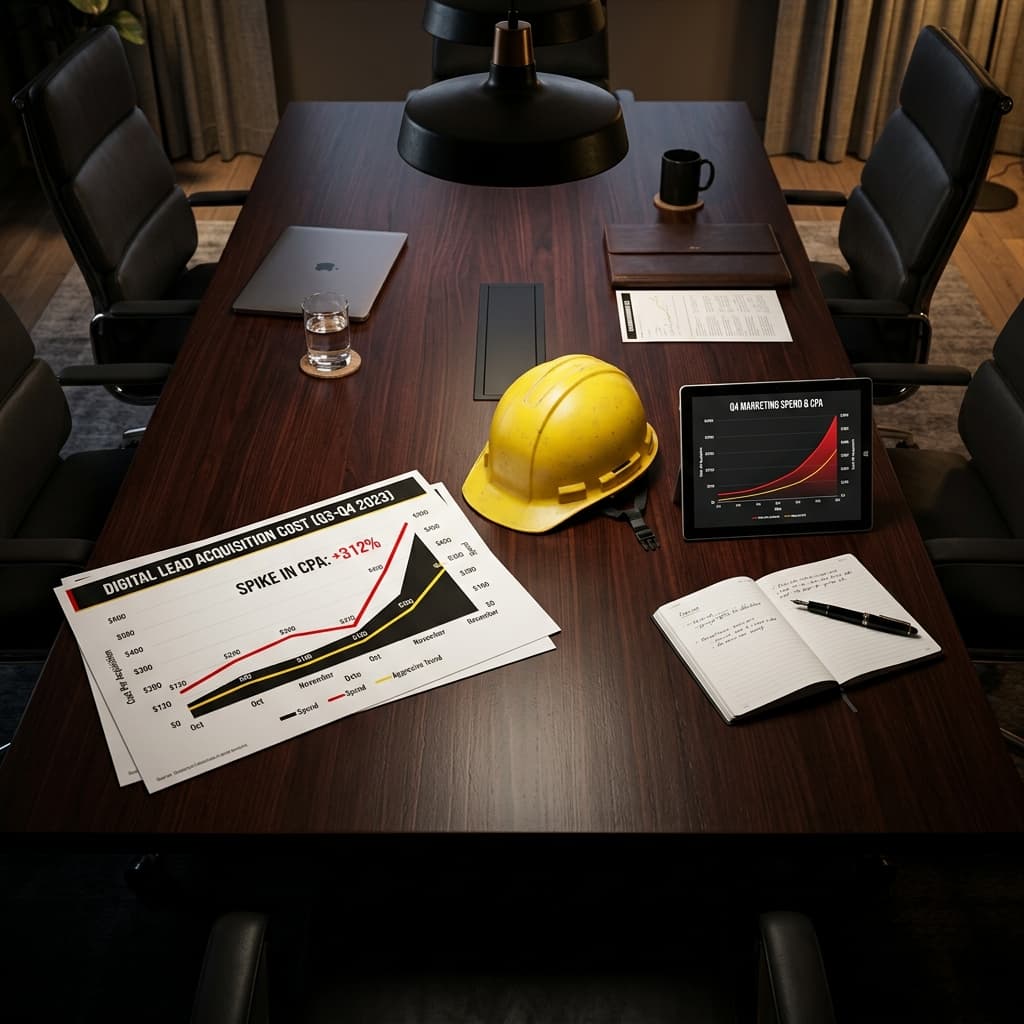 The Statistical Eradication of Organic Traffic A top-down view of a modern dark mahogany conference table. Detailed statistical charts showing an aggressive spike in digital lead acquisition costs next to a yellow hard hat.
