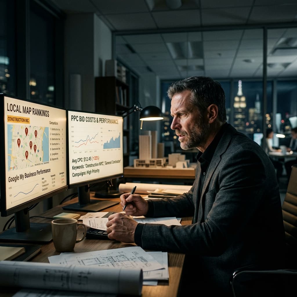 Savage Financial Dominance An intense, cinematic side profile of a construction executive in a dark-hued office furiously analyzing dual monitors that display local map pack rankings and PPC bid costs.