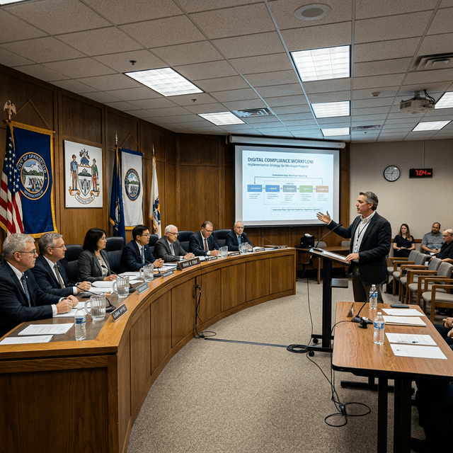 The Boardroom: Presenting data, not excuses. A tense city council meeting where a contractor projects absolute digital authority.