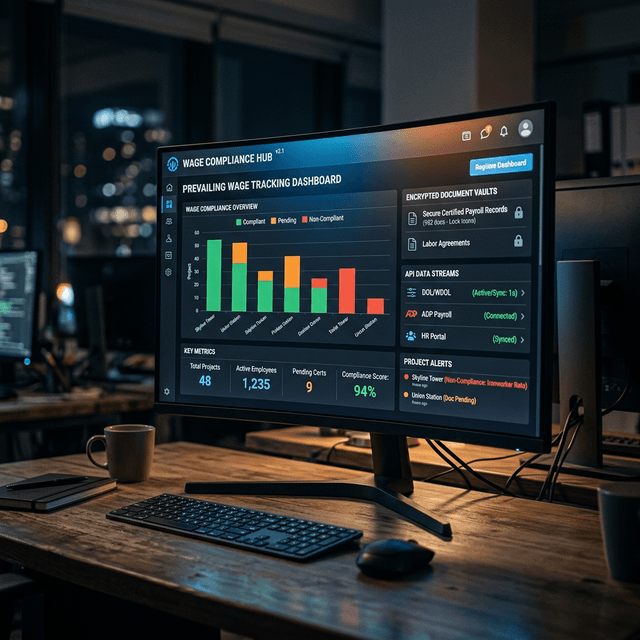 Digital Compliance: API integrations that prevent lawsuits. A close-up of a glowing high-end monitor displaying a prevailing wage compliance tracking dashboard.