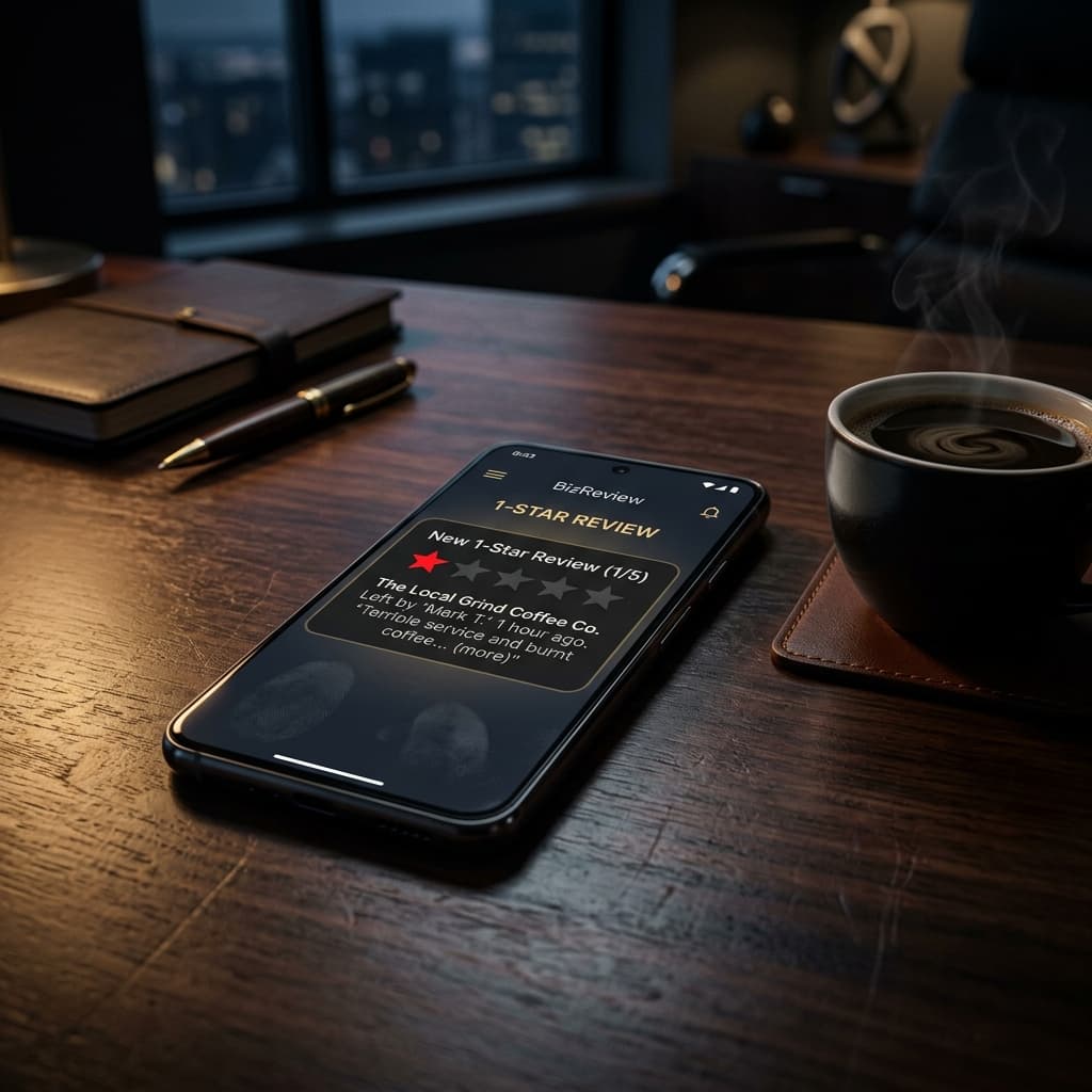 The Threat Notification High-end smartphone showing a 1-star review notification on a business profile app resting on a dark polished desk