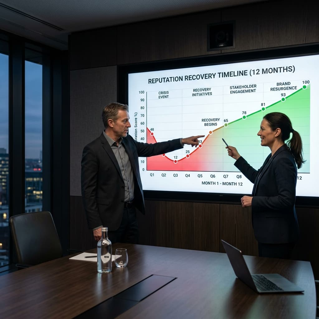 The Reputation Recovery War Room Executive boardroom with a presentation screen showing a reputation recovery timeline graph trending upward from red to green over 12 months
