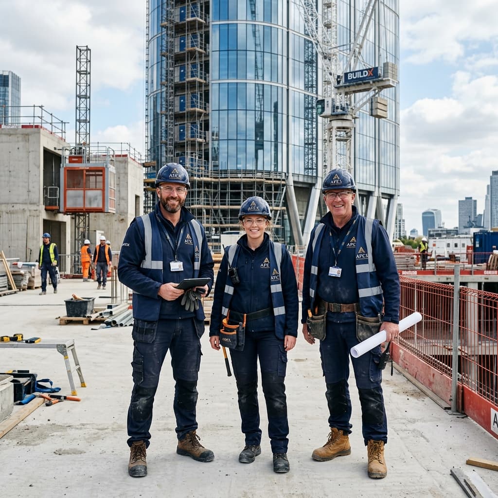 Unified Jobsite Branding Authority Three luxury commercial construction workers wearing immaculately branded safety gear standing confidently on a clean active jobsite.