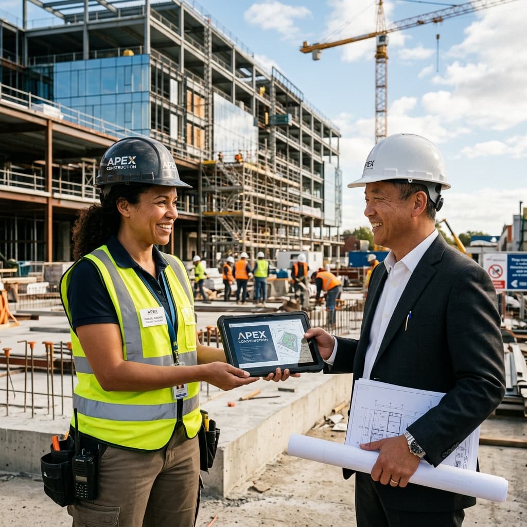 Professional Brand Touchpoint on the Jobsite A commercial project manager in branded gear handing a custom-logoed tablet to a client outdoors under natural sunlight on an active premium jobsite.