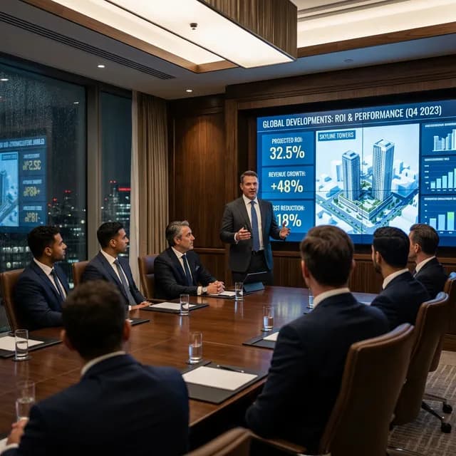 Dominio Psicológico del Espacio De Reuniones. B2B Feroz Absoluto. Ejecutivo de construcción carismático muy guapo experto CEO asombroso presentando con autoridad.