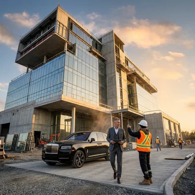 The Uncompromising Standard of Premium Delivery Spectacular low-angle shot of a pristine million-dollar ultra-luxury commercial property mid-construction with a high-end luxury vehicle parked in front