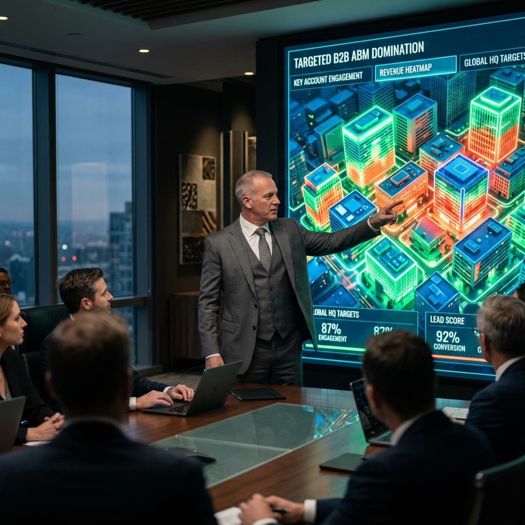 Surgical Account-Based Dominance An elite HVAC executive in a dark, sleek boardroom pointing to a massive glowing analytics screen showing a heat-map of commercial corporate headquarters.