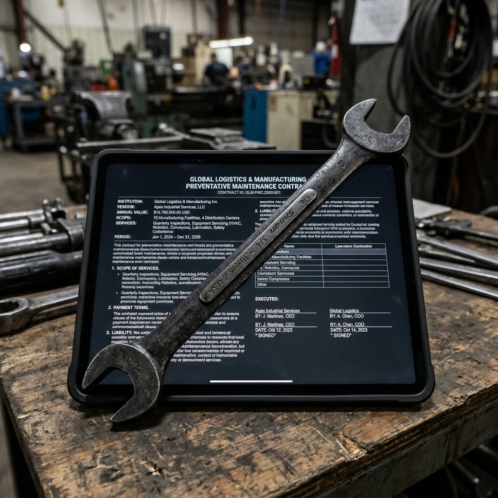 The Multi-Million Dollar SLA Lock-In A sleek, heavy metal industrial wrench resting precisely on a glowing dark-mode digital tablet displaying a complex institutional preventative maintenance contract.