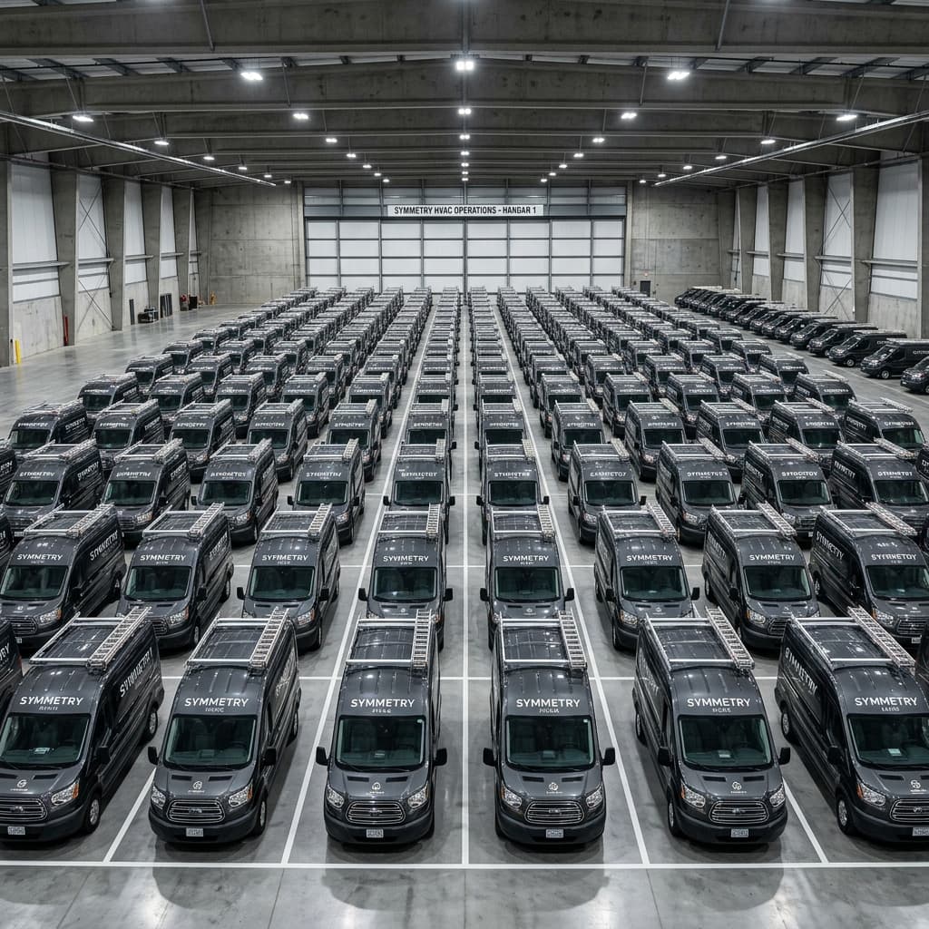 The Iron Fleet of Prevailing Authority A massive fleet of identical, dark-toned and highly polished HVAC service vans arranged with militaristic precision inside a vast concrete hanger.