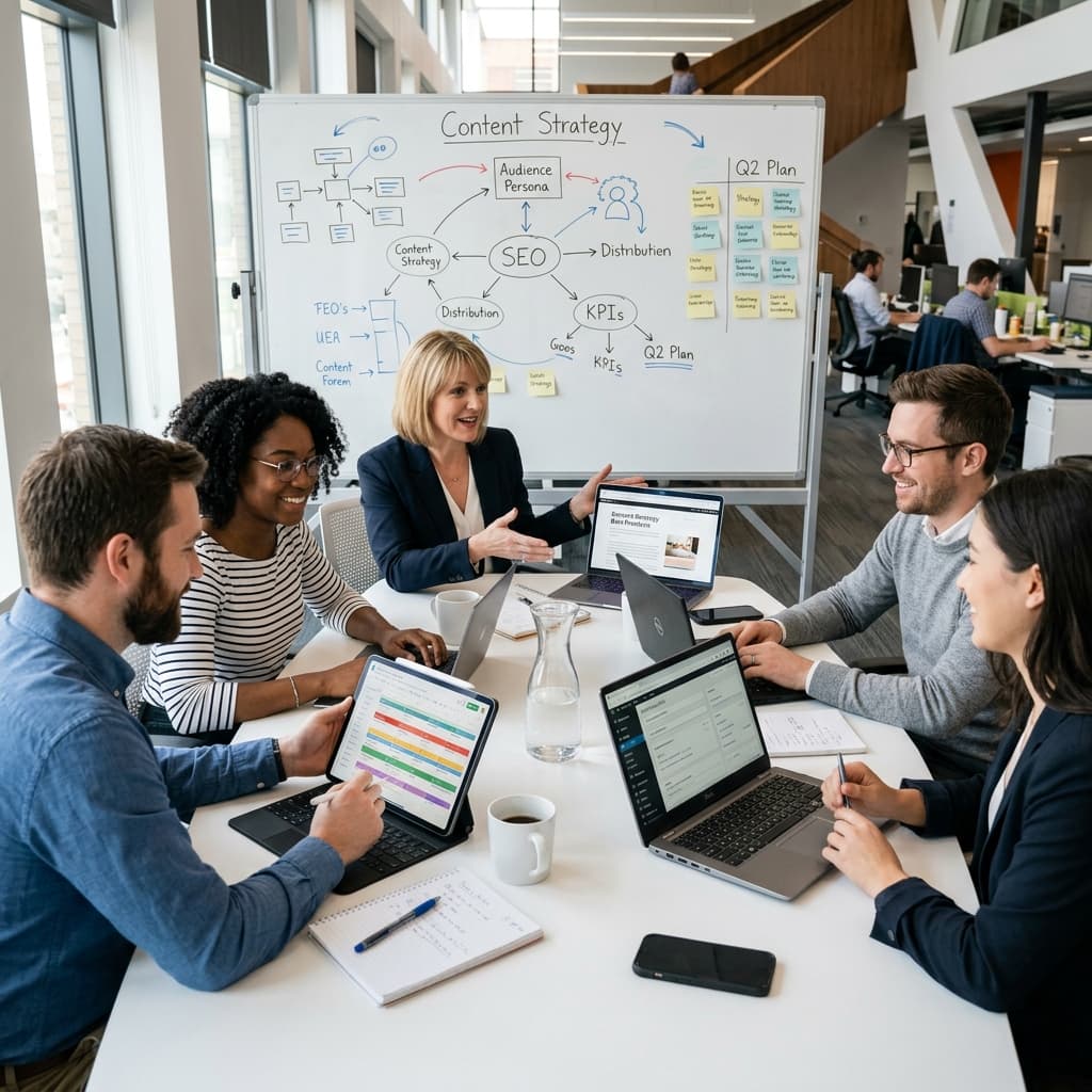 Planificación Estratégica de Contenido para Contratistas Comerciales Un equipo de marketing profesional reunido en una oficina moderna discutiendo estrategia de contenido para una empresa de construcción comercial.