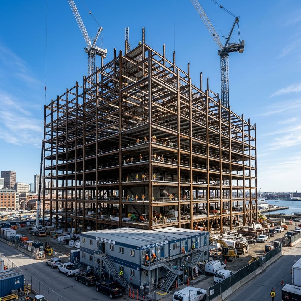 Los Proyectos Comerciales que Su Motor Inbound Atrae Un edificio comercial masivo en construcción con estructura de acero y trabajadores con cascos, representando la escala de proyectos que el inbound marketing atrae.