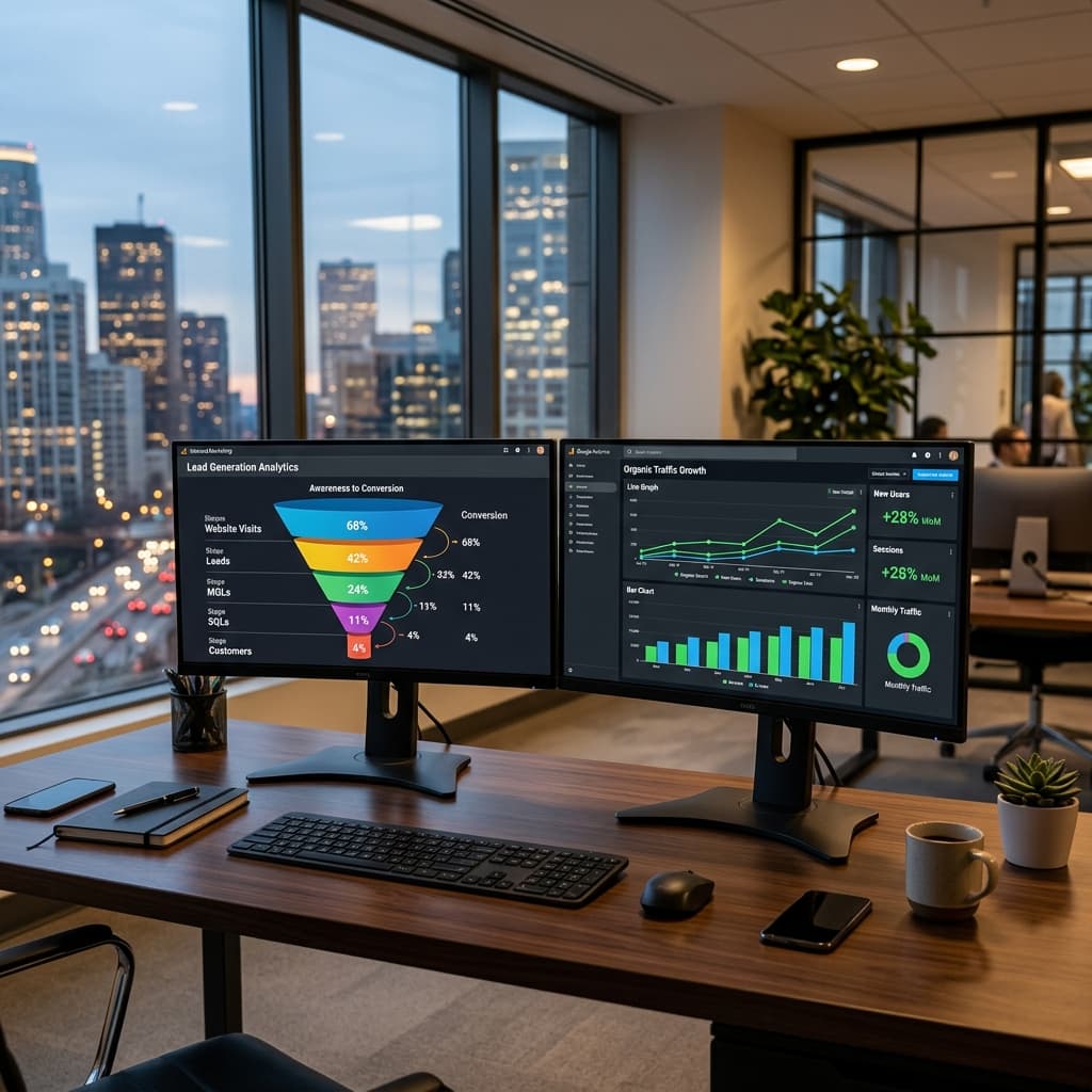 El Panel de Analíticas del Pipeline Inbound Monitores curvados mostrando paneles de analíticas de inbound marketing con embudos de generación de leads y gráficos de crecimiento de tráfico orgánico.
