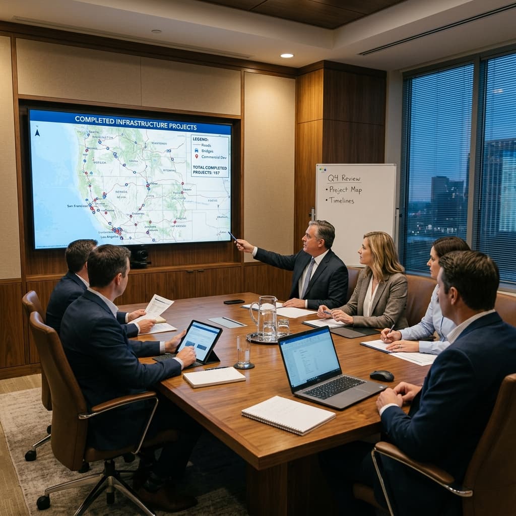 Executive Review of Interactive Project Map Data A corporate boardroom where construction executives review clean geographic map data of completed projects on a 4K presentation screen.