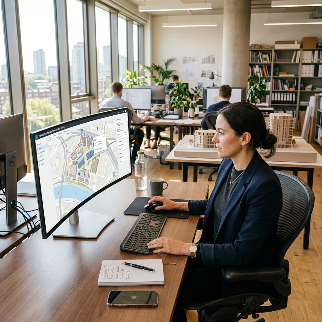 Interactive Map Technical Implementation A professional project manager in an architectural office examining a clean interactive map on a high-end desktop monitor showing project locations.