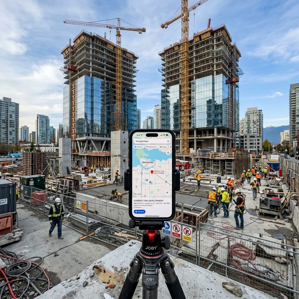 Real-Time Project Mapping on Mobile An impressive luxury commercial building under construction at golden hour with a geographic pinning application open on a smartphone in the foreground.