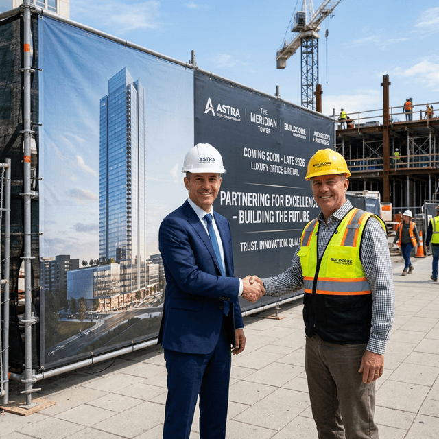 Successful B2B Integration Commercial developer and general contractor shaking hands in front of a massive branded construction site barricade banner