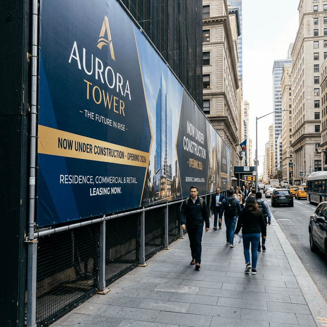 Street-Level Visual Impact Pedestrians walking past a very large high-quality branded construction fence banner on a busy city sidewalk