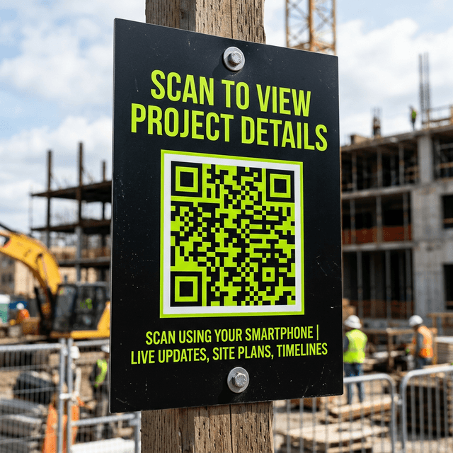 Interactive Jobsite QR Signage Sharp close-up of a premium aluminum composite construction site sign featuring a large QR code and a clear call to action