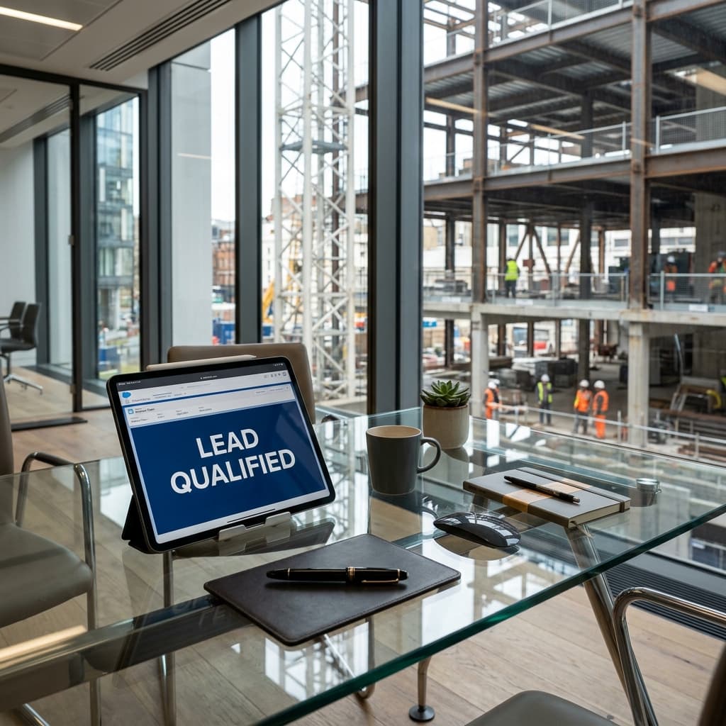 Licitadores Procesados Directamente Un modelo iPad en oficina mostrando notificación en inglés LEAD QUALIFIED de un inversionista listo para contratos gigantes.