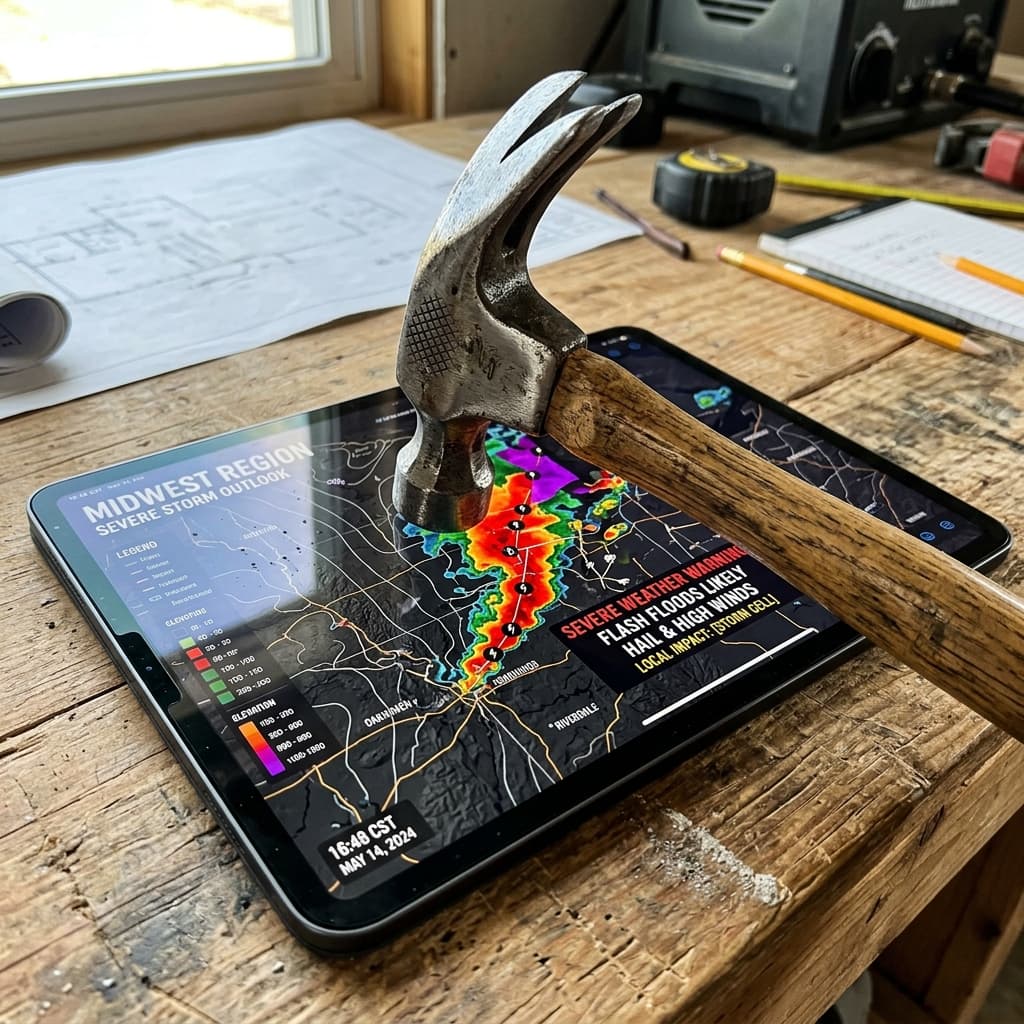 Predictive Weather Targeting Analytics A heavy, polished metal roofing hammer resting deliberately on top of a sleek digital tablet displaying a topographic weather map predicting severe local storms.