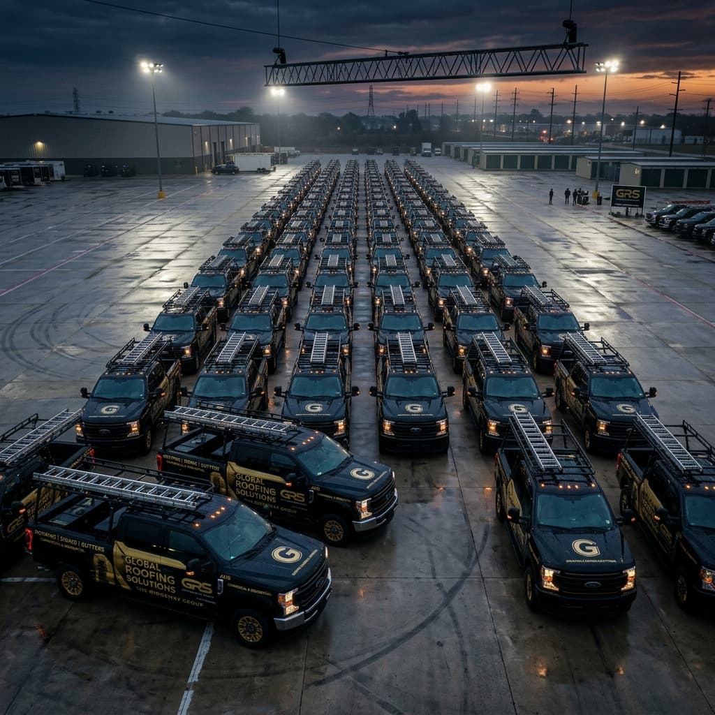 The Autonomous Local Monopoly A massive fleet of identical, highly branded, black and gold Ford F-250 roofing trucks perfectly lined up in a concrete staging area just before dawn.